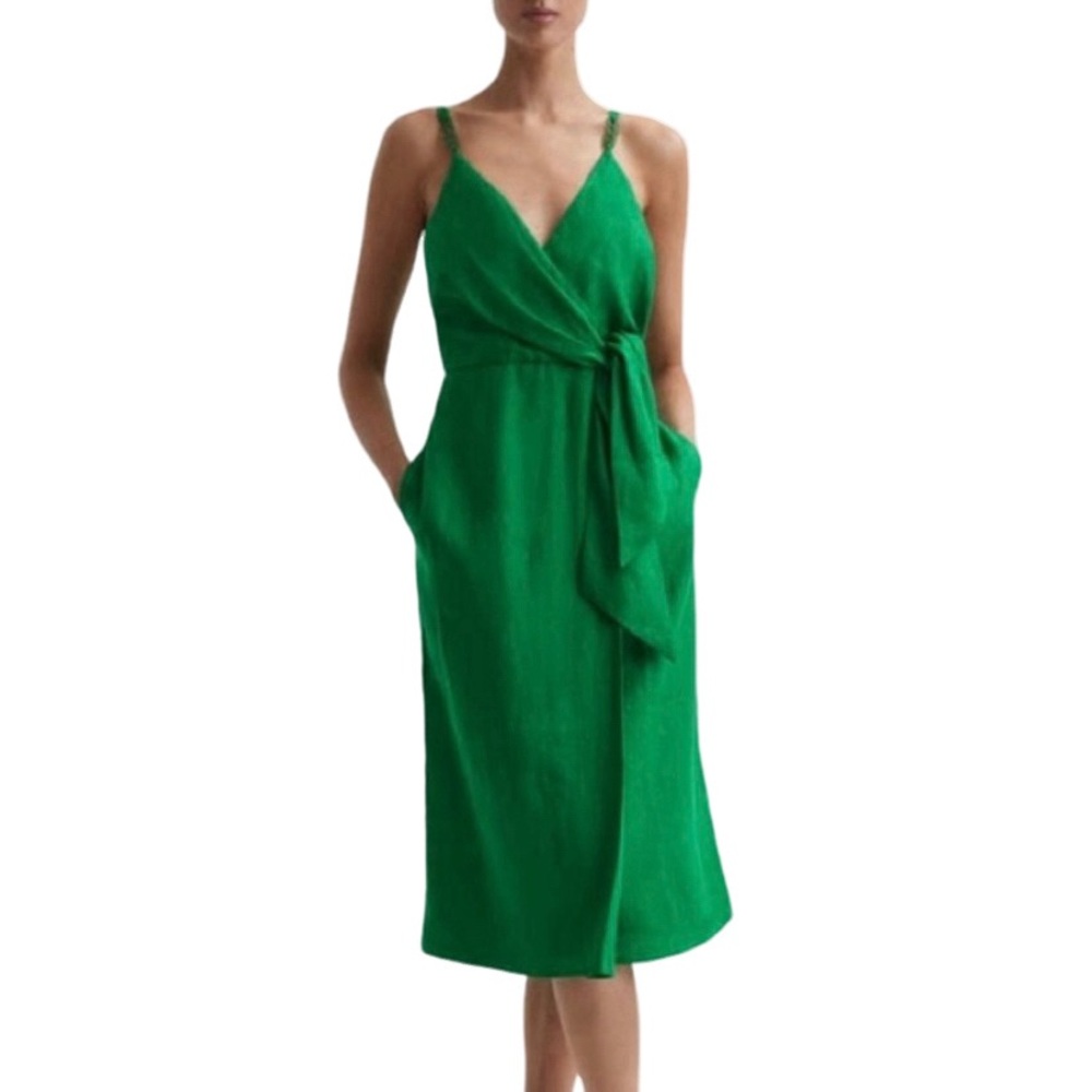 NWT Reiss Emerald Green Esme Linen Tie Side Midi Dress - Sz 2